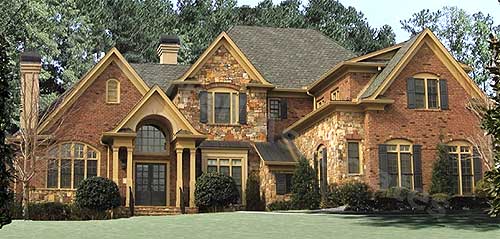 House plan exterior featuring brick and stone facade, arched entryway, multiple gables, and dormer windows.