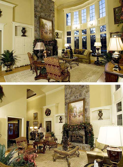 Interior rendering: Great room with vaulted ceiling, stone fireplace, built-in cabinetry, and large arched windows.
