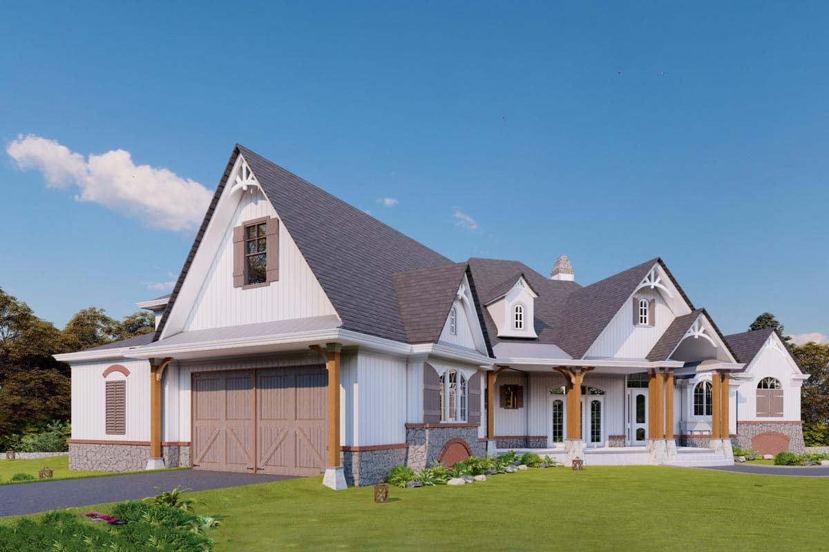 House plan exterior: Modern Farmhouse style, two stories, visible garage doors, gables, dormers, and covered porch.
