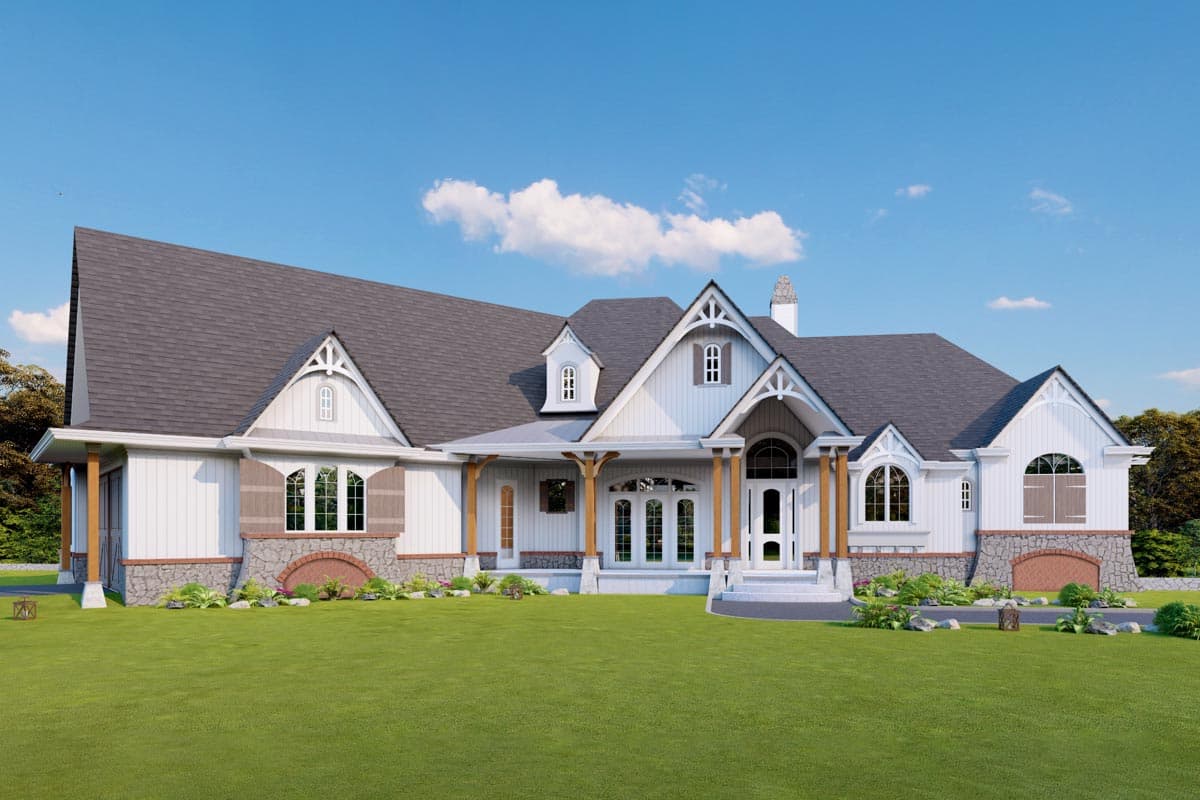 House plan exterior in a Craftsman style with a gabled roof, dormers, and a covered porch. Two-story house with stone and wood accents.