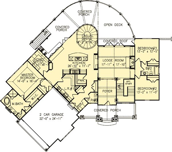 Plan 15625GE: Rustic 2714 Square Foot Craftsman House Plan with Dramatic Sweeping Rear Deck - Floor Plan - Main Level - Craftsman, European, Mountain, Rustic