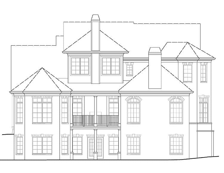 House plan elevation of a multi-story home with varied rooflines, prominent chimneys, and a second-story balcony.