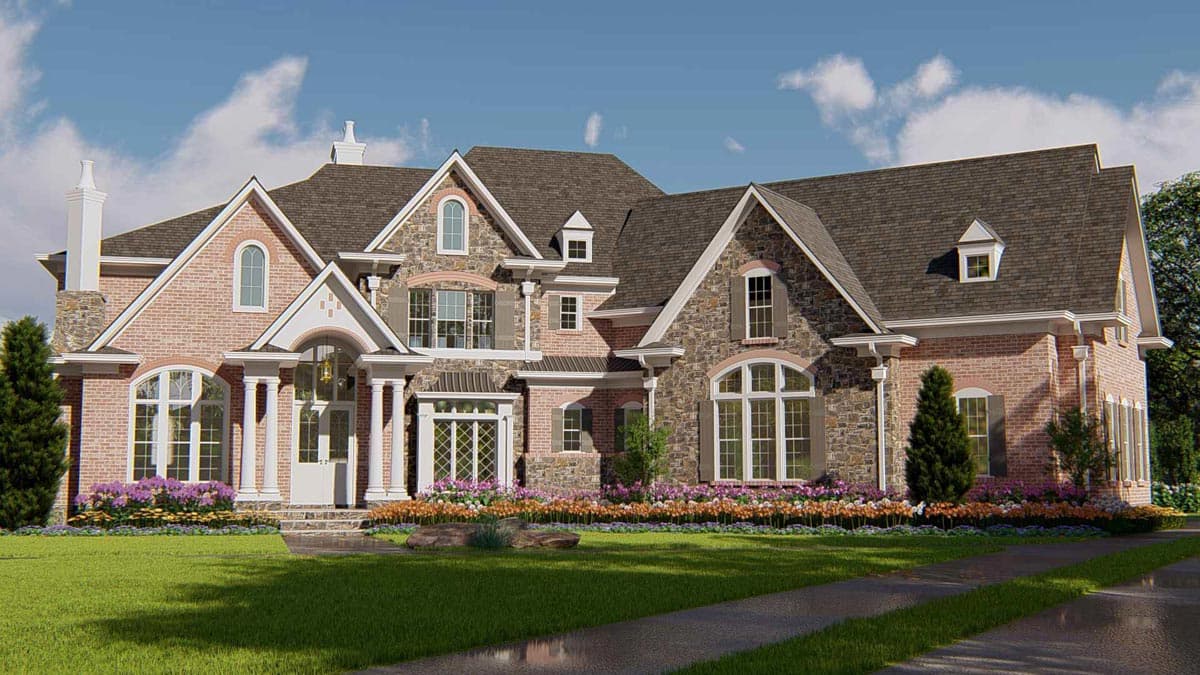 House plan exterior rendering with stone and brick facade, multiple gables, dormers, arched windows, and covered entryway.