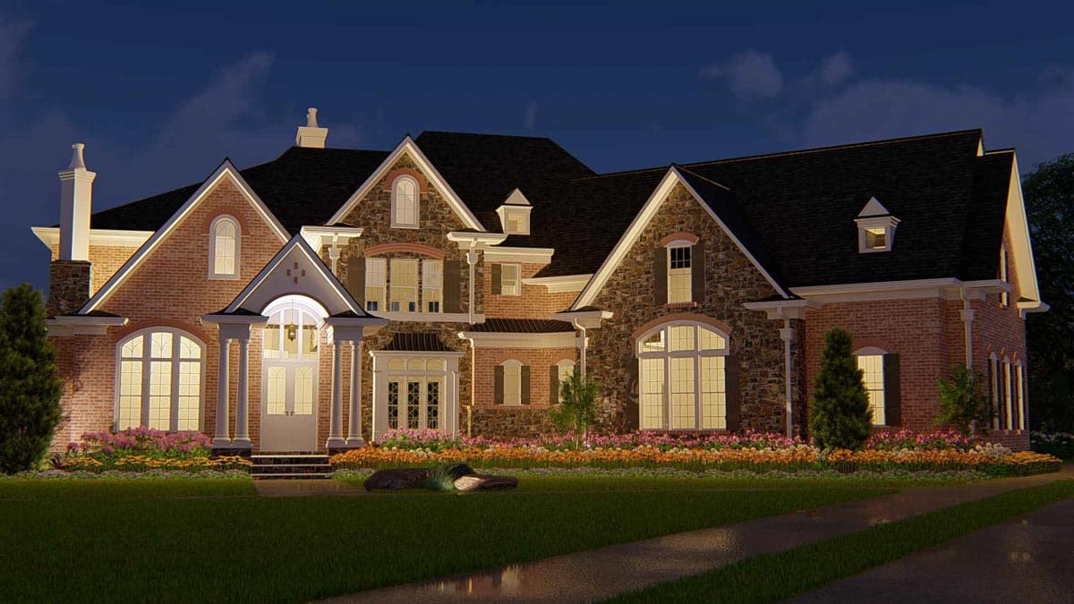 House plan exterior with brick and stone facade, prominent gables, arched windows, and covered entry with columns.