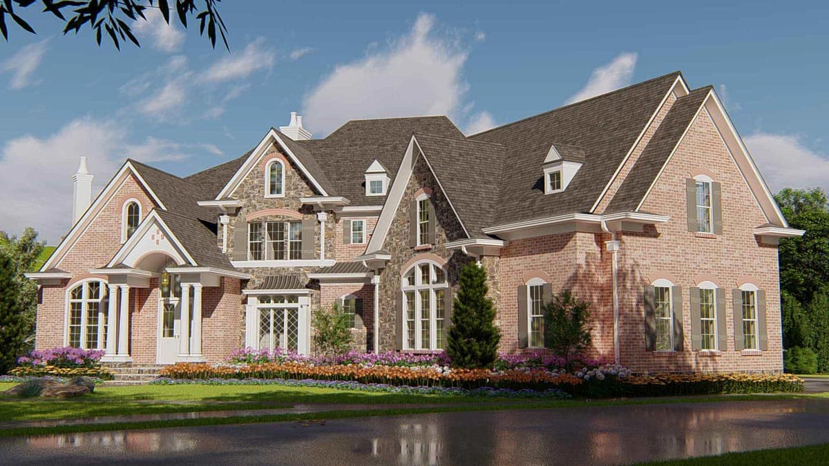 House plan exterior rendering featuring stone and brick facade, multiple gables, arched dormers, and a covered portico.