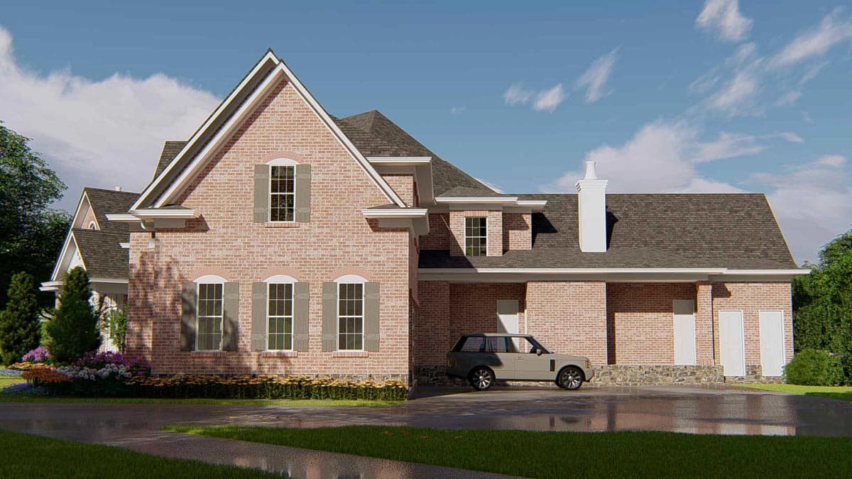 House plan exterior: Brick facade, two stories, prominent front gable, arched windows with shutters, and attached garage.