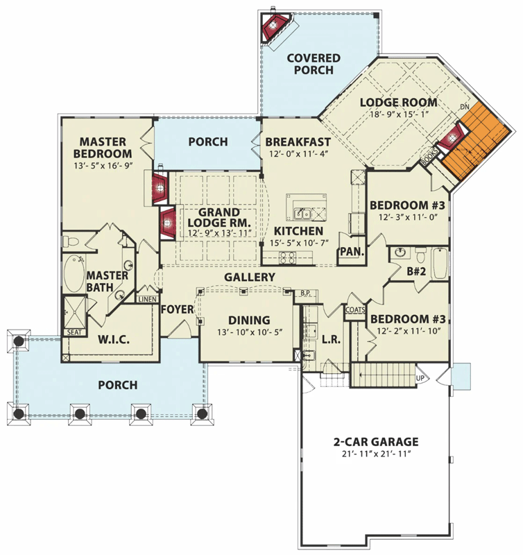 Plan 15636GE: Mountain Modern Farmhouse with Angled Lodge Room and Outdoor Fireplace - 2249 Sq Ft - Floor Plan - Main Level - Craftsman, Modern Farmhouse, Mountain, Ranch, Rustic