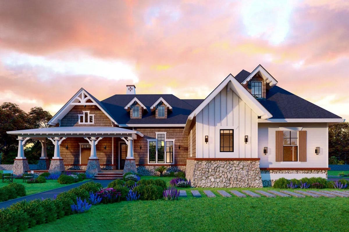 House plan exterior: Modern Farmhouse style, one-story. Features include a front porch with stone pillars, multiple gables, and dormers on the roof.