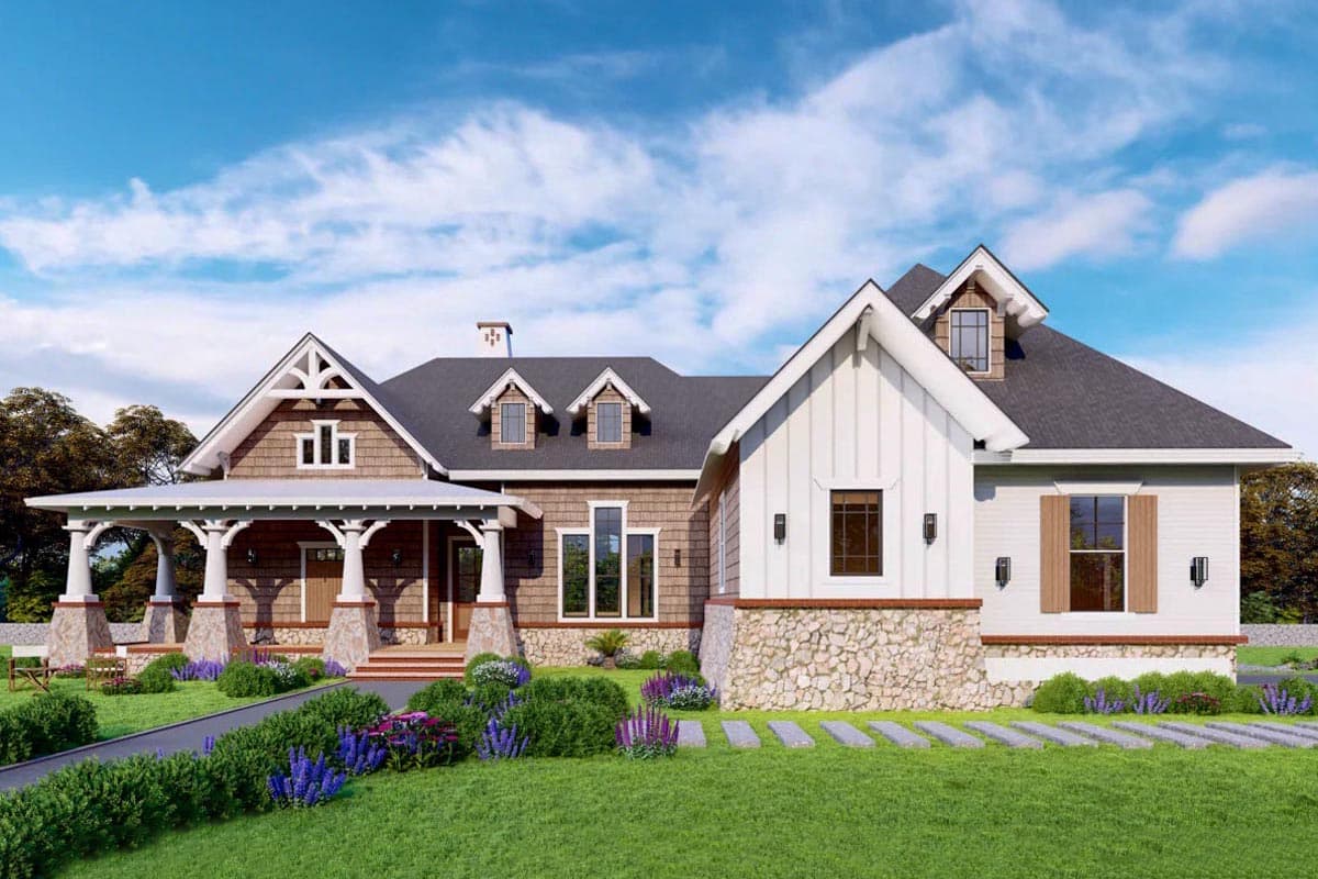 House plan exterior: Ranch-style home with covered porch, stone accents, multiple gables, and dormer windows.