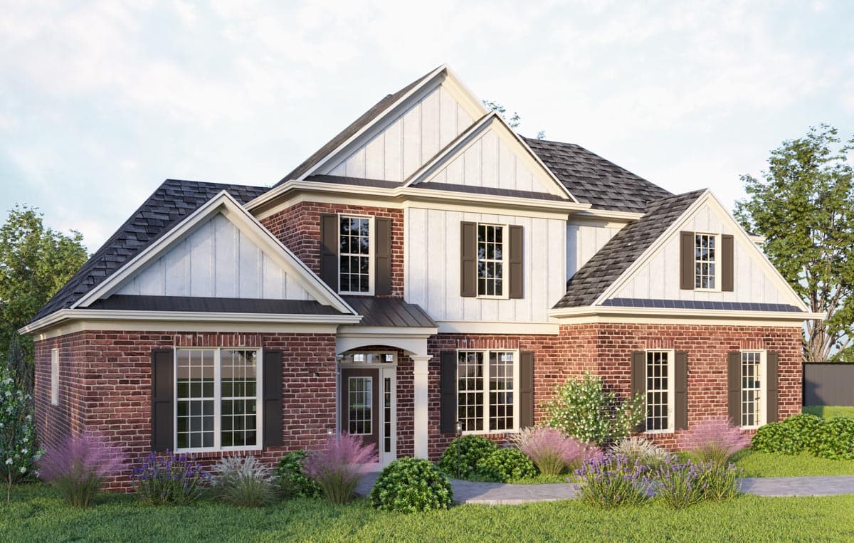 House plan exterior, two-story with brick facade, white board-and-batten gables, and covered entry.