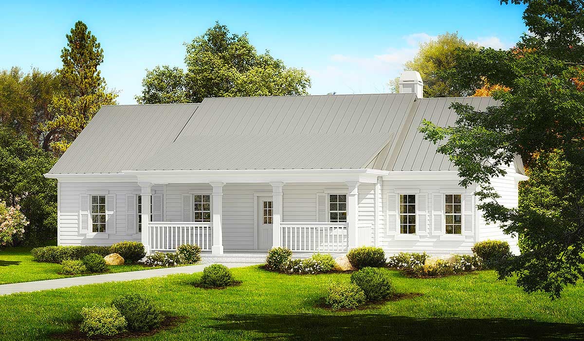House plan exterior featuring a one-story, farmhouse-style design. Key features include a front porch with columns, a metal roof, and window shutters.