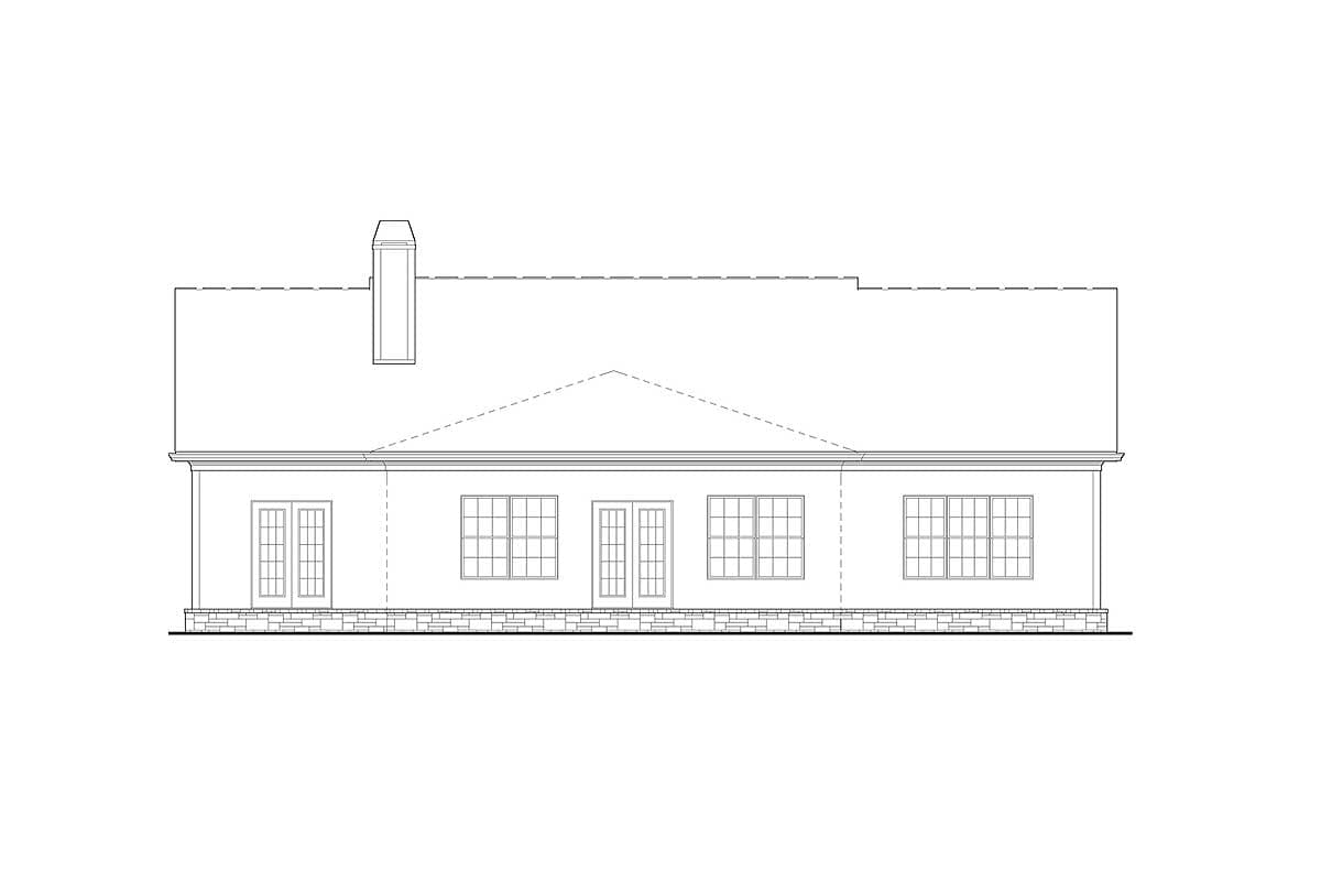 House plan rear elevation: single-story structure with hip roof, central chimney, double doors, and multiple grid windows.