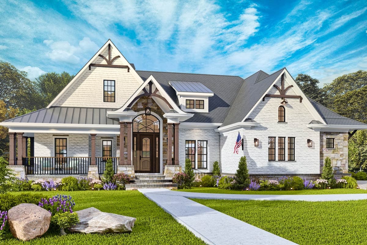 House plan exterior: Modern Farmhouse style, two stories, with a covered front porch, prominent gables, and stone accents.