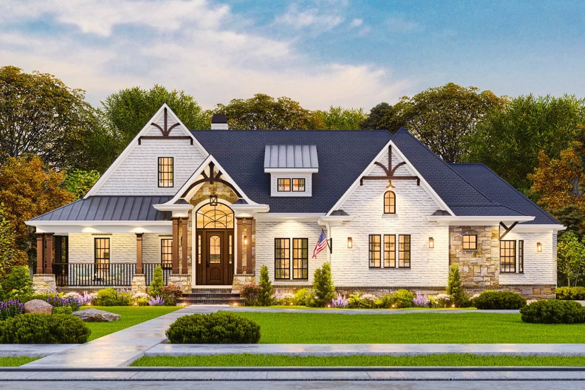 Modern Farmhouse house plan exterior with a wrap-around porch, stone accents, multiple gables, and a dormer.