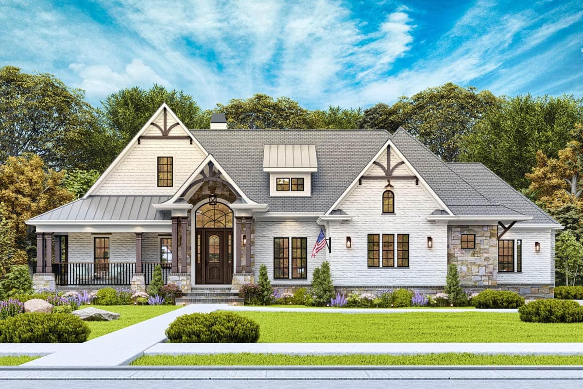 House plan exterior: two-story Modern Farmhouse with gabled dormer, metal roof porch, stone accents, and decorative timber framing.