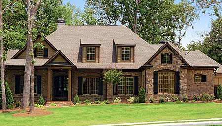 Craftsman style house plan exterior with stone and brick facade, covered entry porch, multiple gables, and dormer windows.