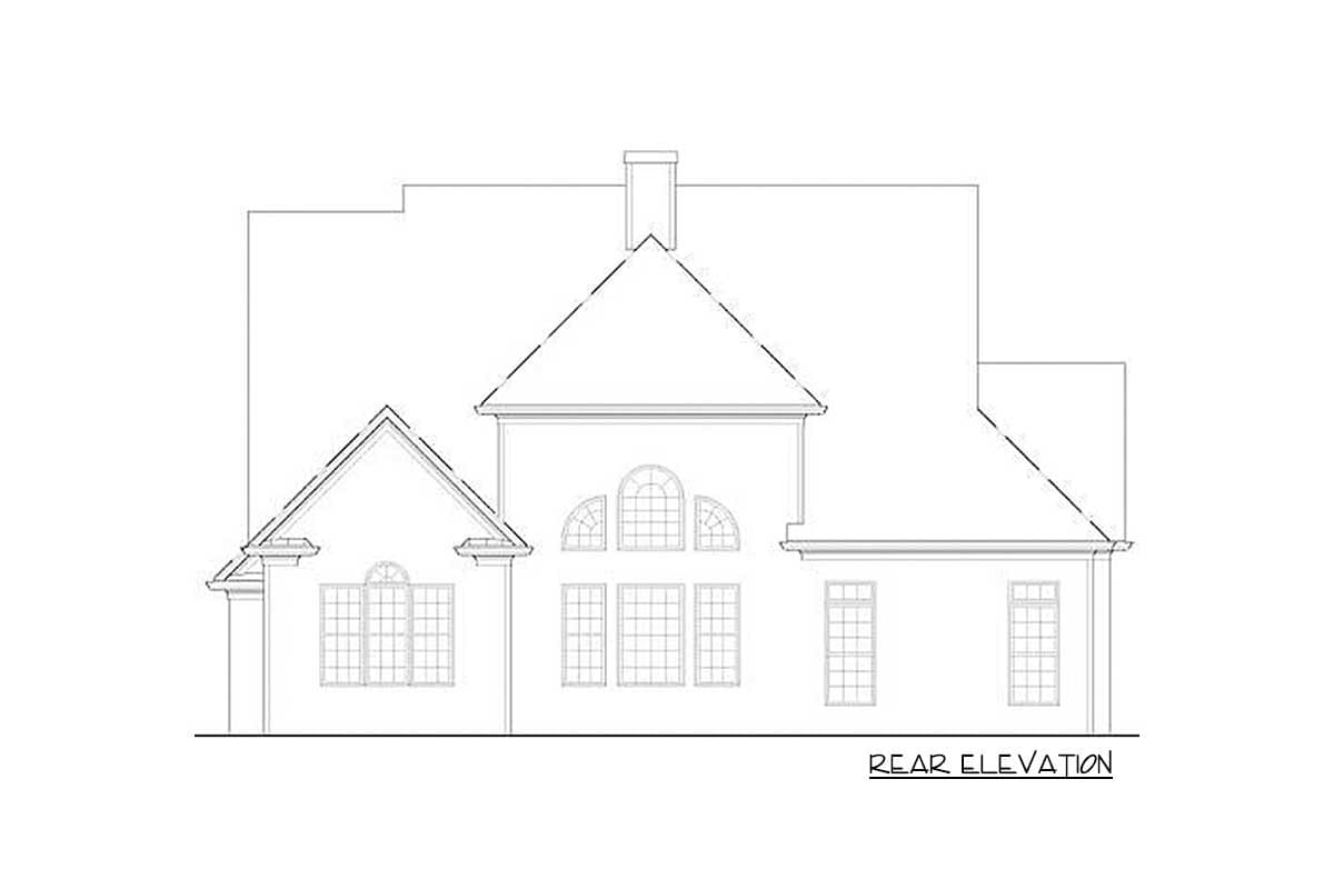 Rear elevation house plan with varied rooflines, a prominent chimney, and multiple window types including arched.