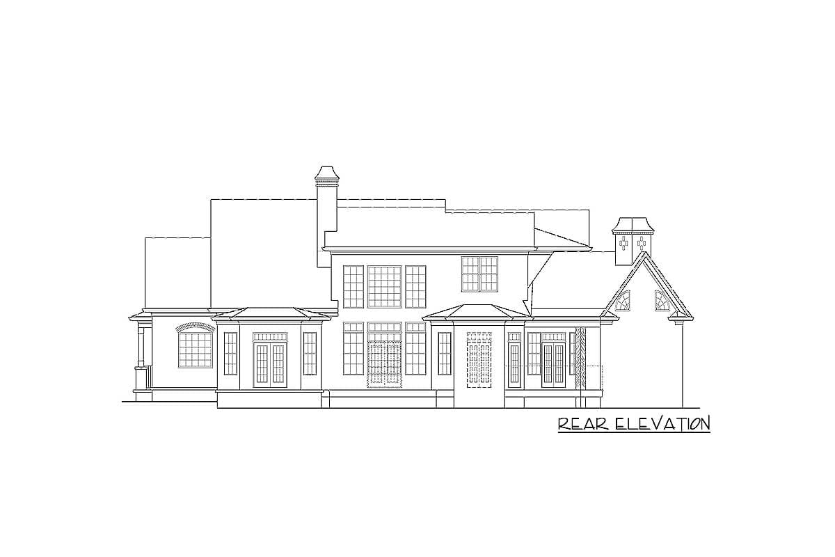 Rear elevation house plan with multiple gables, varied window grids, double doors, and prominent chimneys.