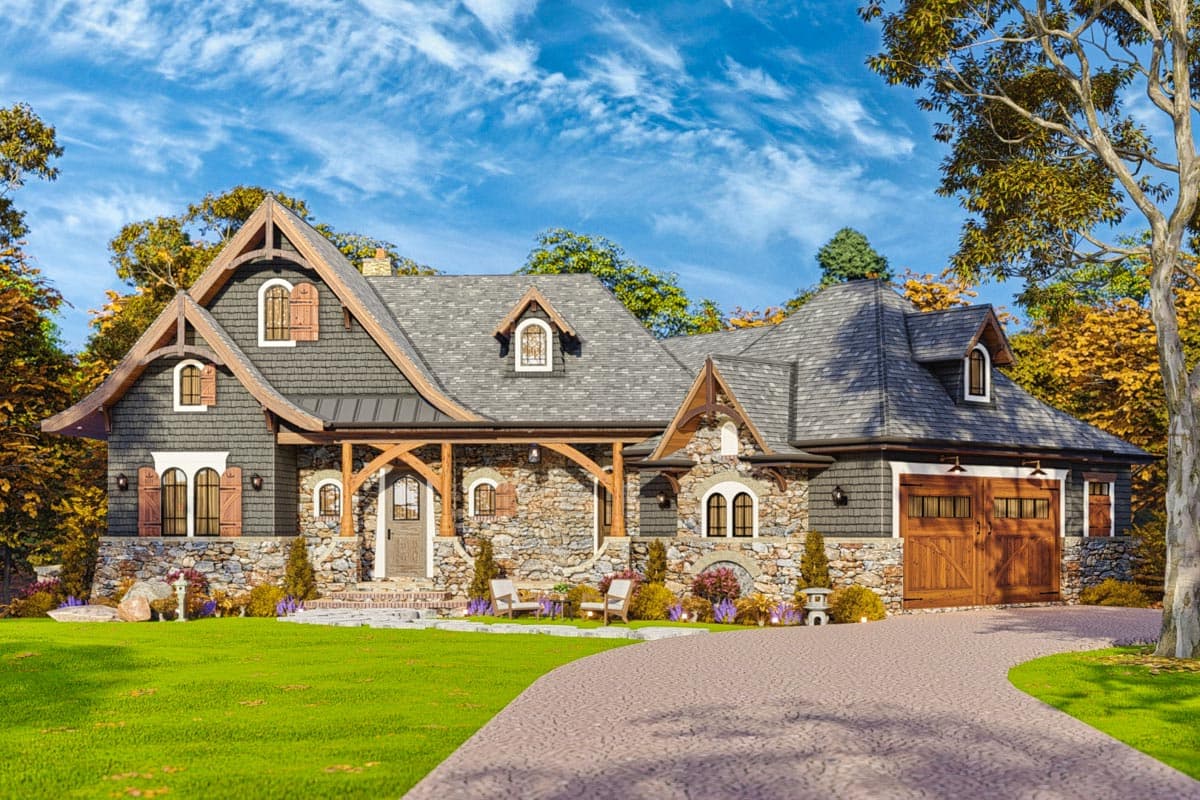 House plan exterior featuring a two-story stone and shake-sided facade, gabled roof, timber-framed porch, and dormers.