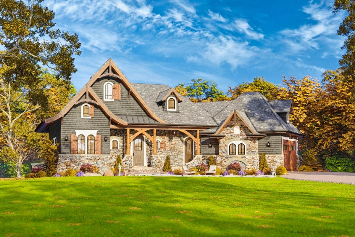 Craftsman style house plan exterior with stone and shake siding, prominent gables, dormers, and a covered porch.