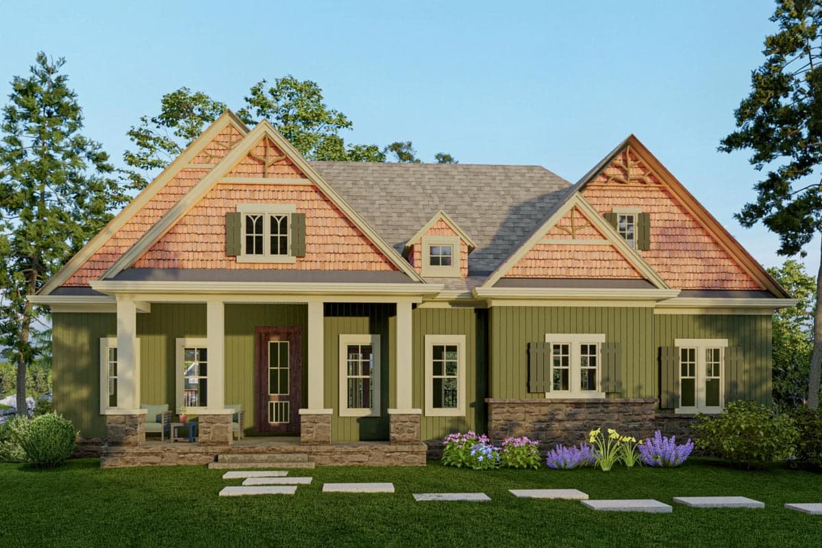 House plan exterior: Craftsman style, one story, features shake gables, prominent porch with stone supports, and decorative window shutters.
