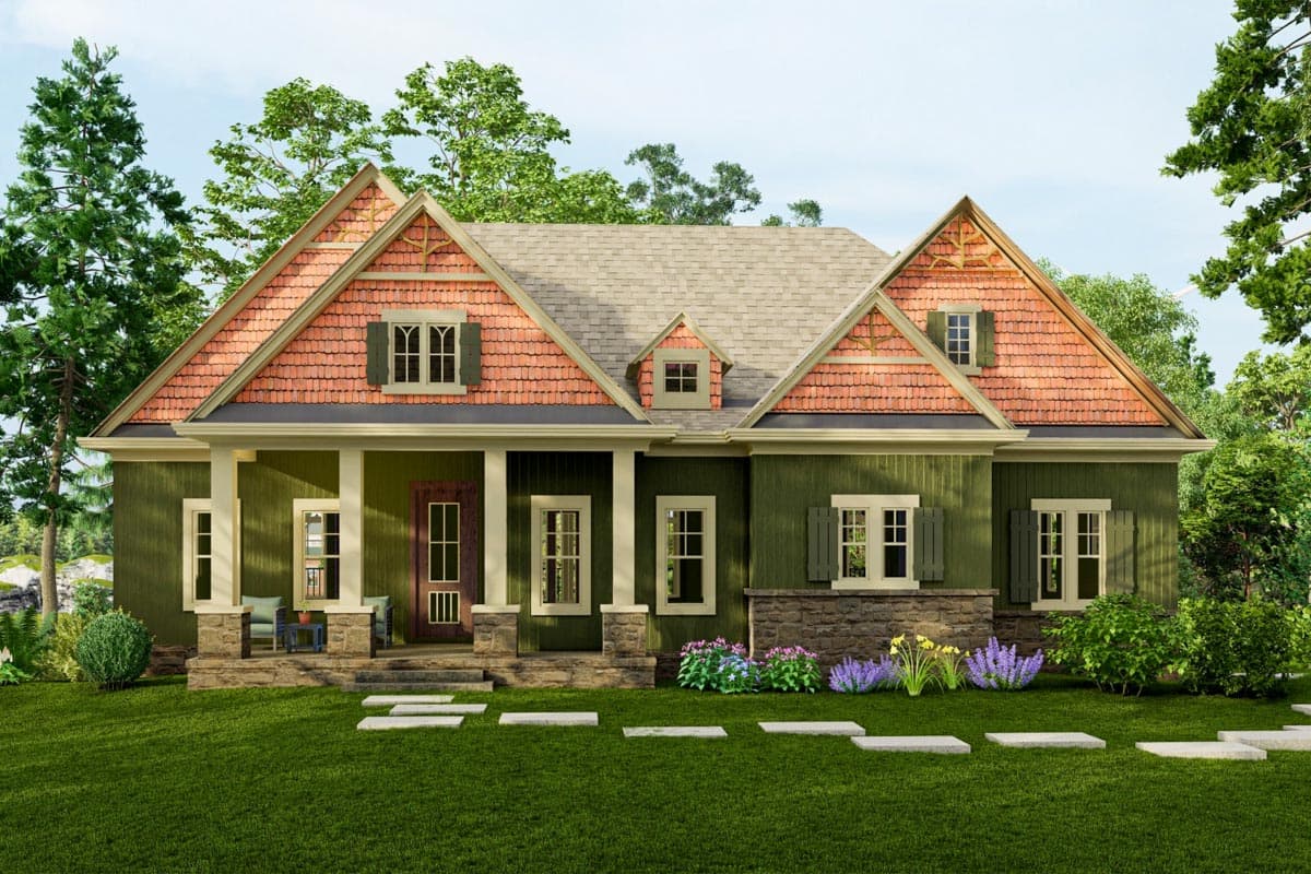 Craftsman style house plan exterior with a covered porch, gables, dormers, and decorative shingle accents.