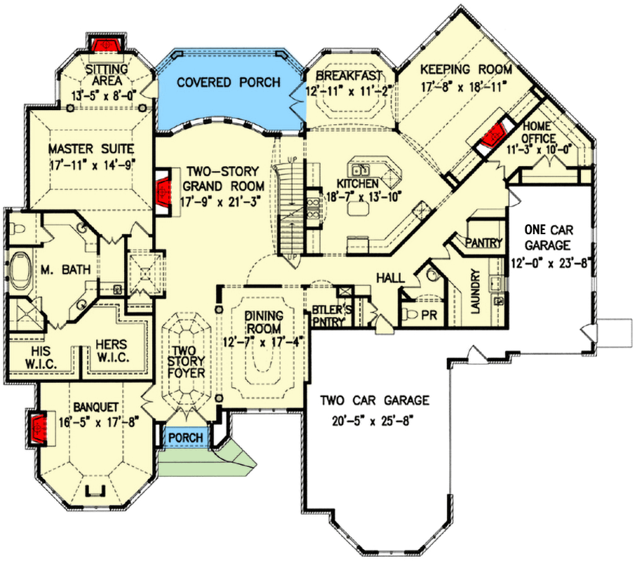 Plan 15661GE: Impressive Brick and Stone - Floor Plan - Main Level - European, Traditional