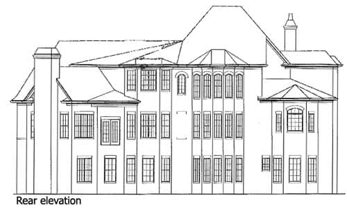 Rear elevation drawing of a large house with multiple gables, dormers, and a variety of window styles.
