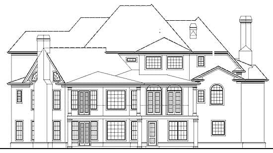 House plan exterior showing multiple stories, complex rooflines, chimneys, and numerous windows.