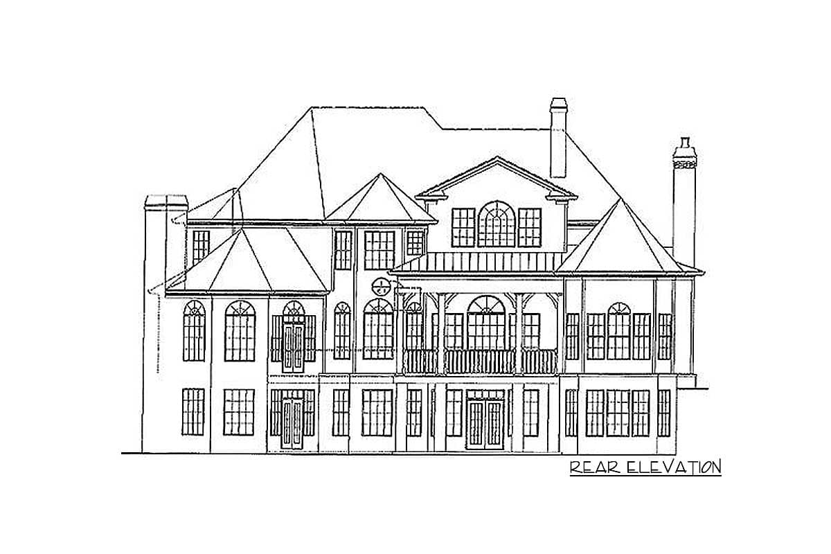 Rear elevation house plan with multiple gables, dormers, arched windows, and a second-story balcony.