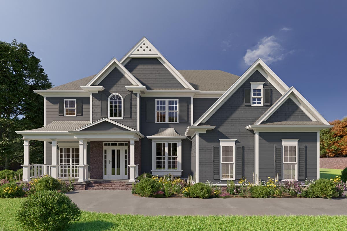 House plan exterior: Two-story home with a covered porch, multiple gables, arched window, and dormer.