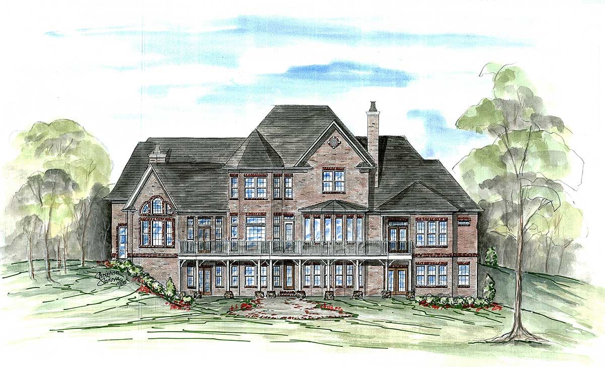 House plan exterior rendering with brick facade, multiple gables, extensive balcony, and a walk-out lower level.