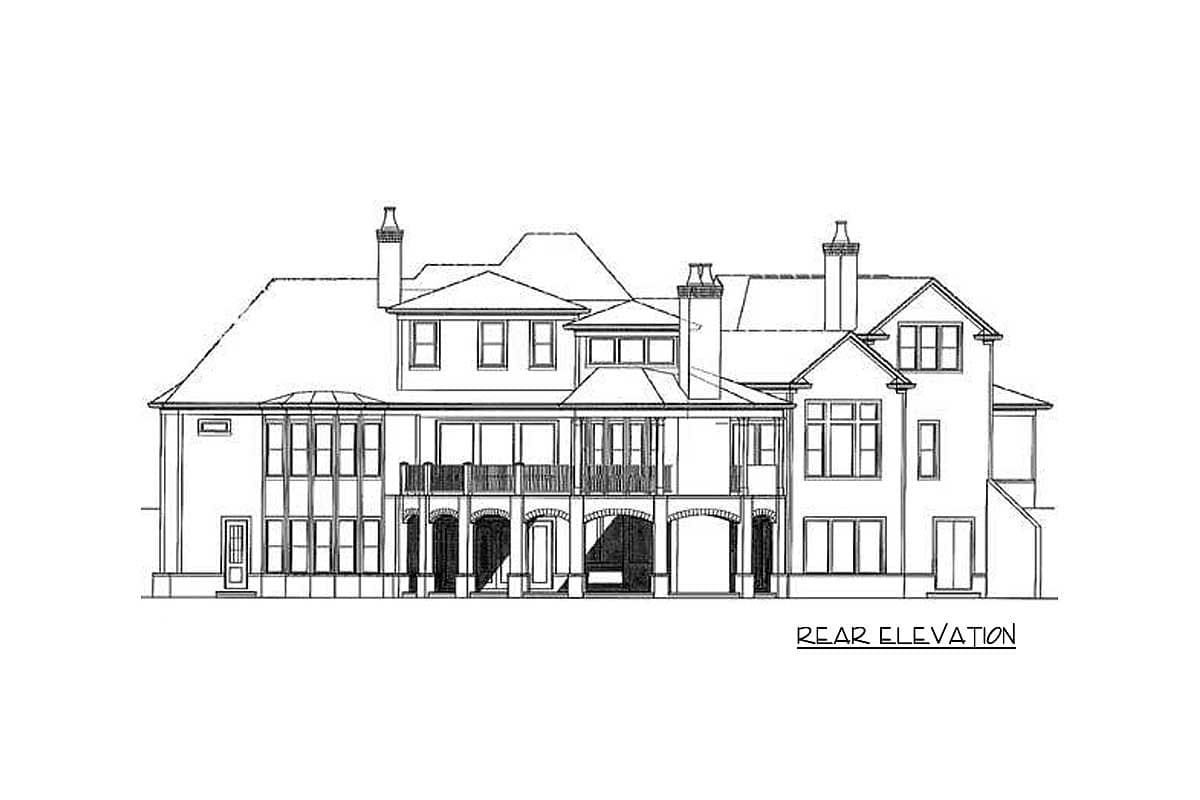Rear elevation drawing of a multi-story house with varied rooflines, multiple gables, balconies, and arched openings.
