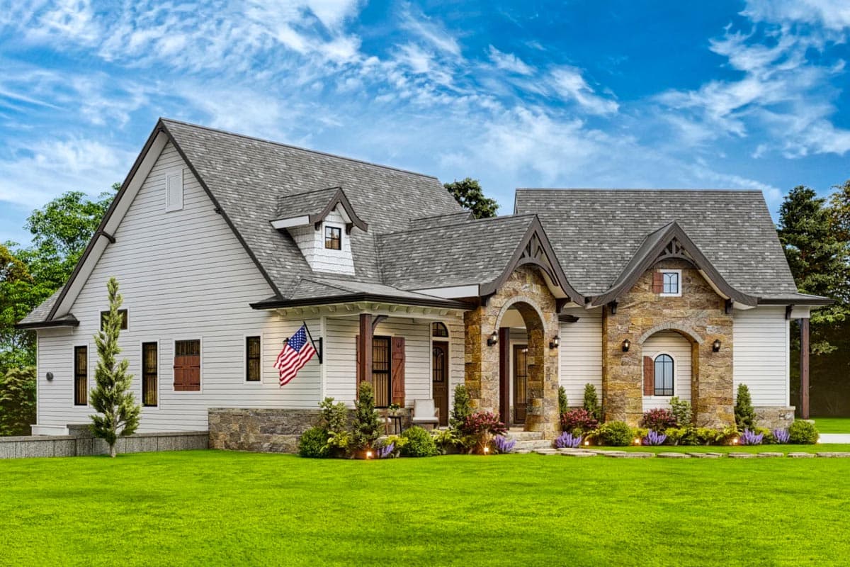 House plan exterior of a two-story home with stone accents, gabled rooflines, arched entryways, and a covered porch.
