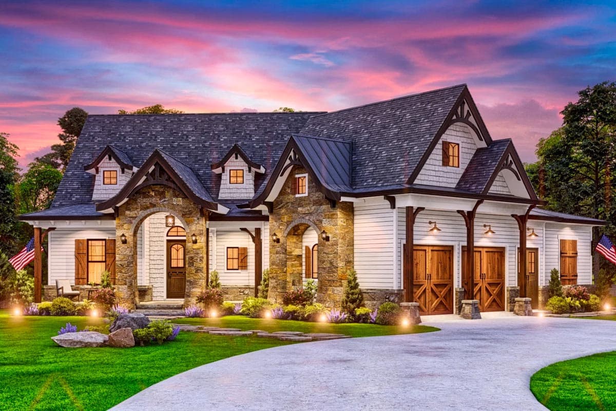 House plan exterior shows a multi-story home with stone accents, arched entryway, dormers, and a three-car garage.