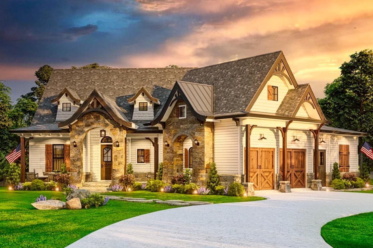 House plan exterior: Rustic style, two stories, stone arch entry, dormers, wood garage doors, and exposed rafters.