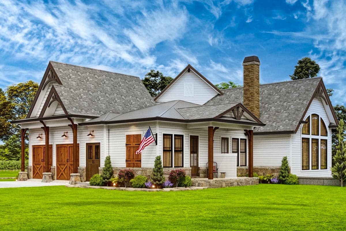 House plan exterior: Modern Farmhouse style with three-car garage, stone chimney, prominent gables, and covered porch.