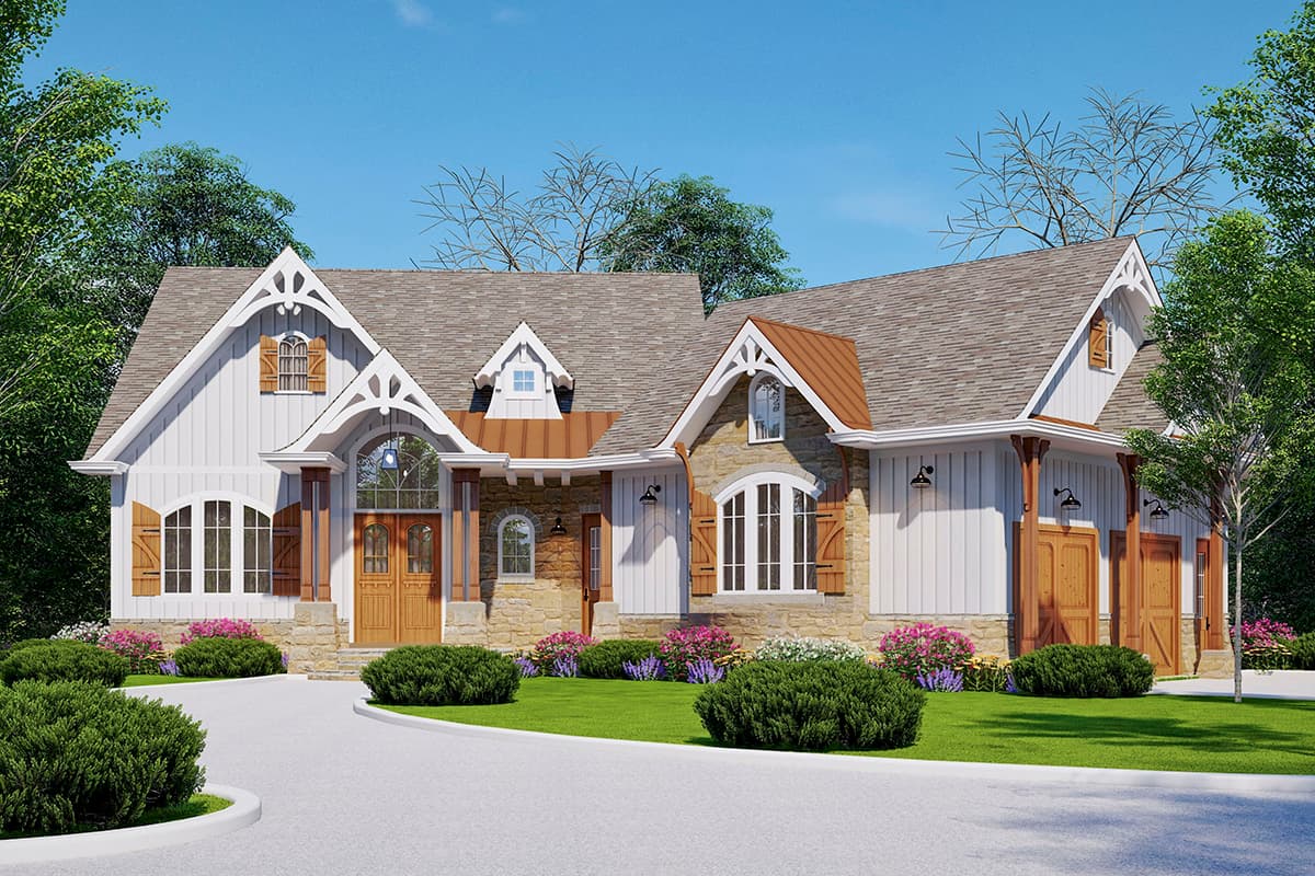 House plan exterior. Two-story Craftsman home with gabled roof, arched entryway, dormers, and stone and shiplap siding.