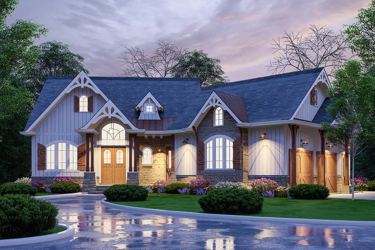 House plan exterior: two-story, stone and board-and-batten siding, prominent gables, arched windows, and a three-car garage.