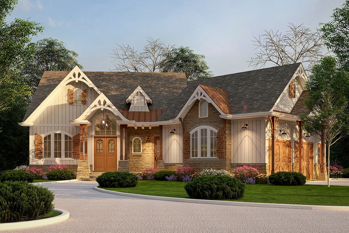 House plan exterior of a two-story home with stone and vertical siding, arched windows, a covered porch, and a three-car garage.