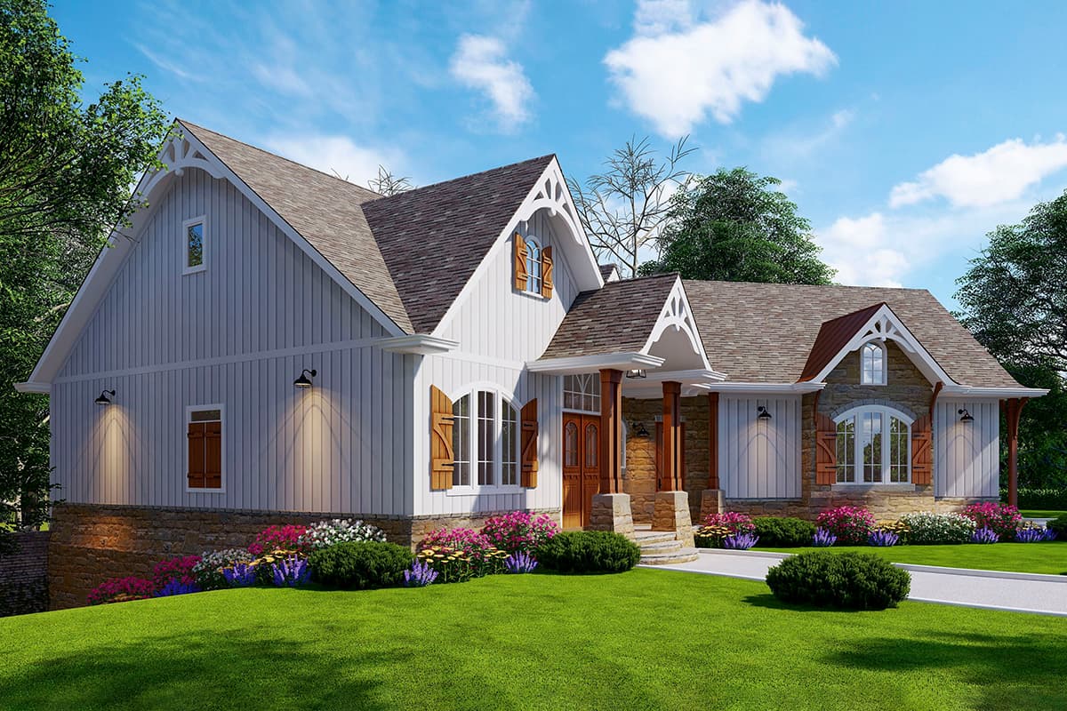 House plan exterior: Modern Farmhouse style, board-and-batten siding, stone base, arched windows, and gabled dormers.
