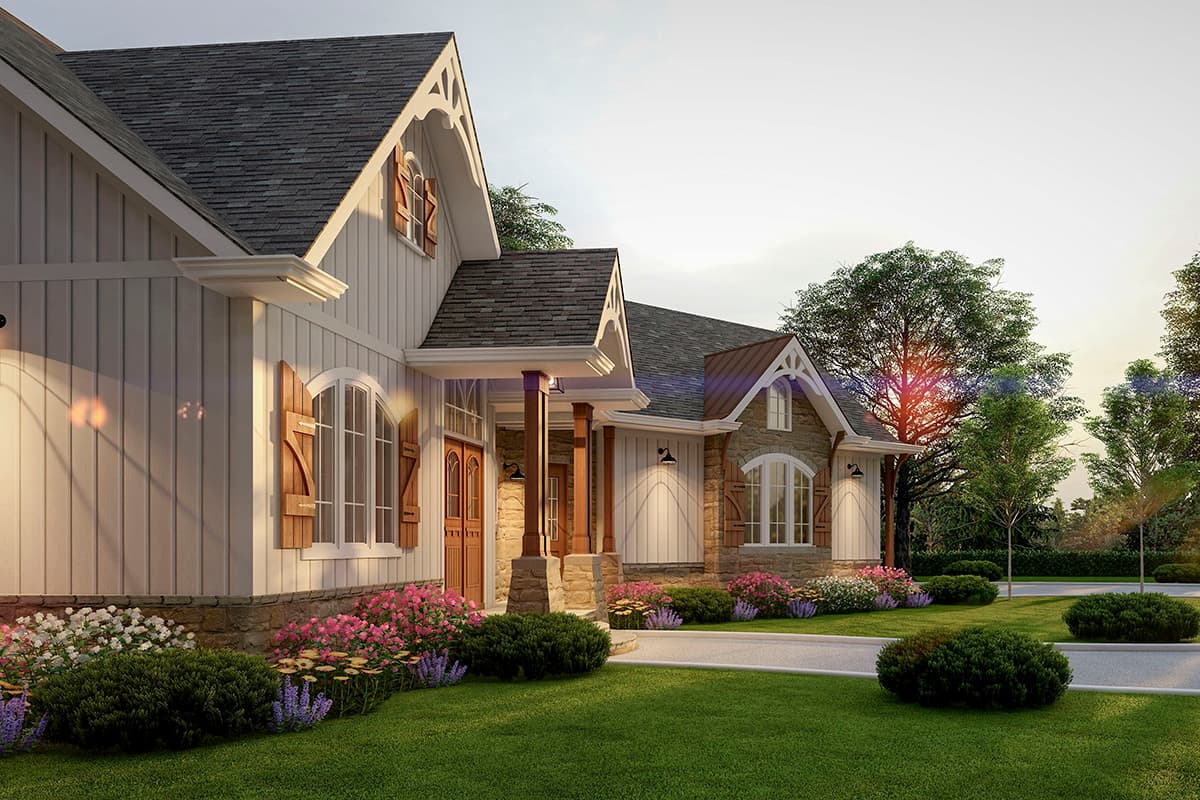 House plan exterior: Modern Farmhouse style, two stories, gable roof, stone and siding facade, covered porch with stone columns.