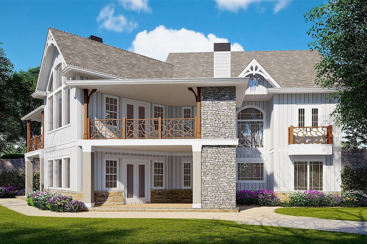 House plan exterior: Two-story modern farmhouse with gabled dormers, stone accents, covered balconies, and wood trim.