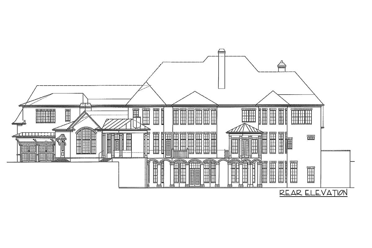 Rear elevation house plan: estate style with arched loggia, multiple gables, covered porches, and a multi-story design.