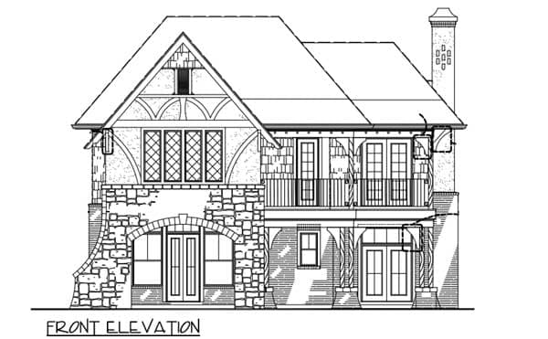 Front elevation drawing of a two-story house plan with stone facade, arched entry, and balconies.