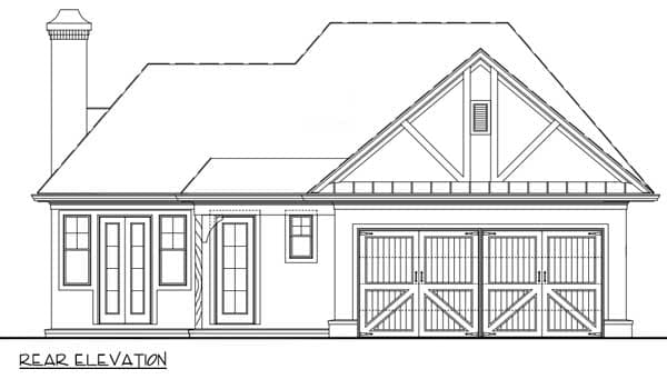 Rear elevation of a house plan featuring double garage doors with decorative X-bracing, a prominent gable with exposed beams, and a large chimney.
