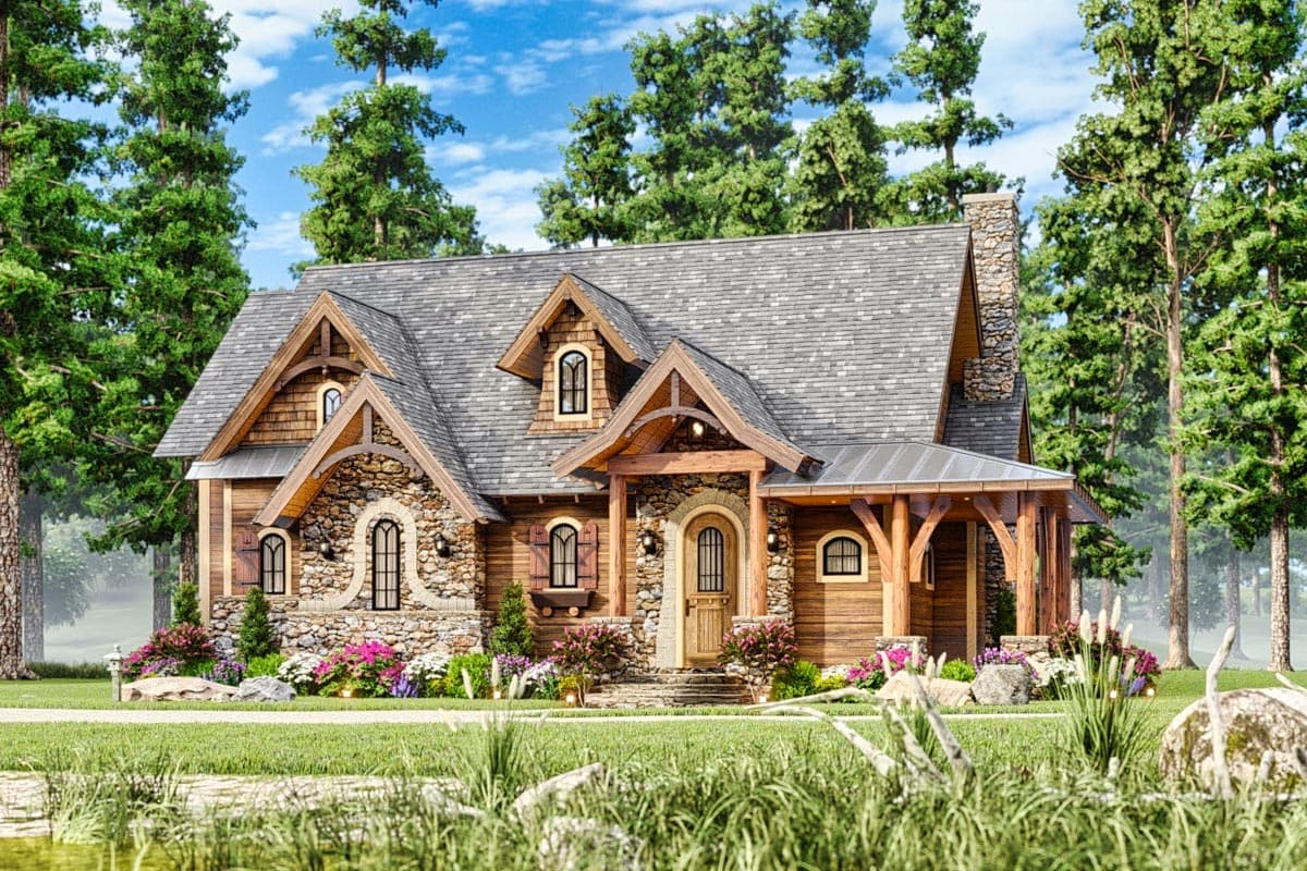 House plan exterior: Two-story rustic design with stone accents, prominent gables, arched windows, and a covered front porch with timber posts.