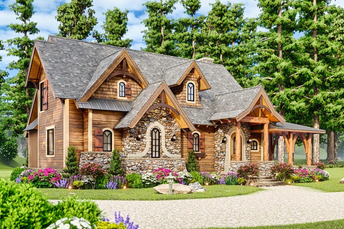 House plan exterior of a two-story log home with stone accents, a covered porch with timber posts, and multiple gables.