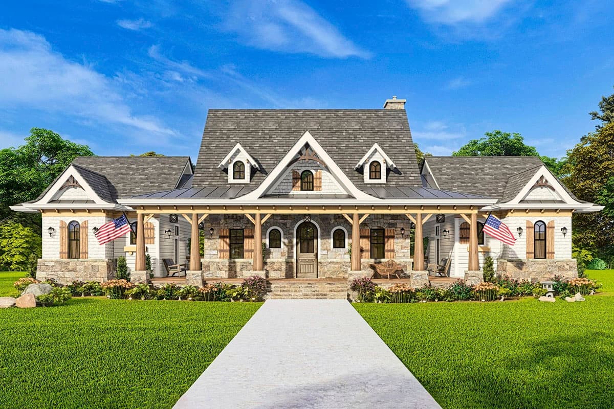 House plan exterior featuring a two-story farmhouse style with a wraparound porch, gables, dormers, and stone accents.