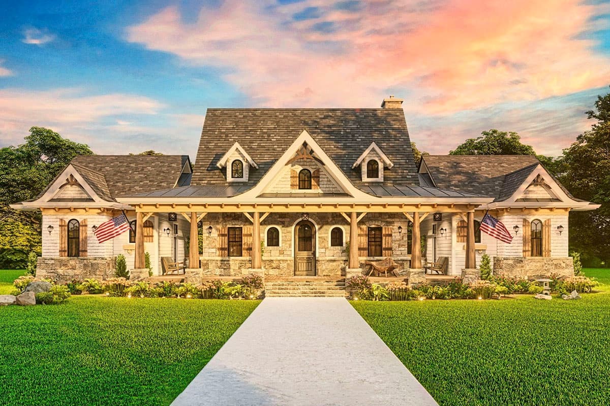 House plan exterior: Modern Farmhouse, one-and-a-half stories, wraparound porch, stone accents, dormers, and gables.